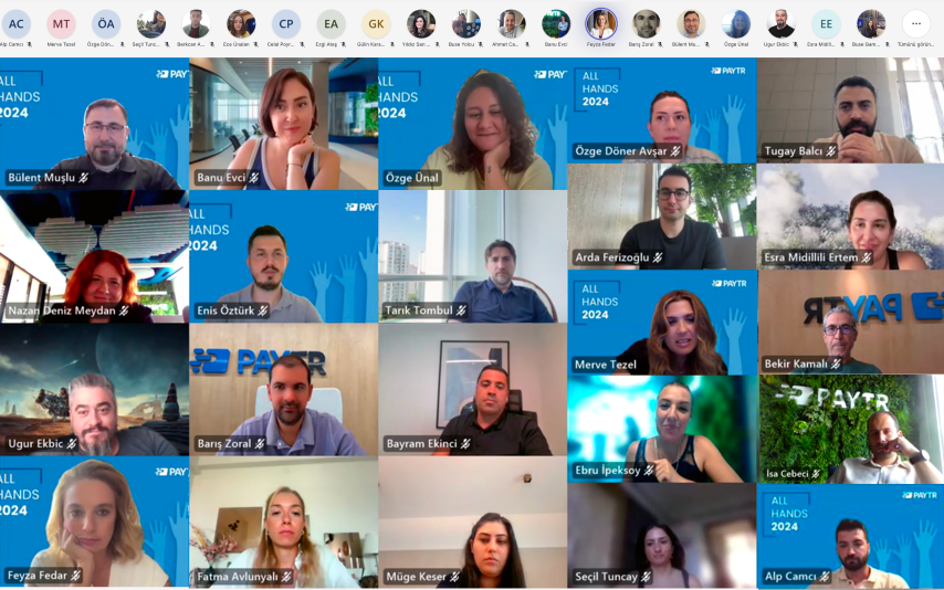 Şirketimizin online gerçekleştirdiği, yılın ilk "All Hands" etkinliğine katılan tüm çalışma arkadaşlarımızın fotoğraflarının olduğu ekran görseli paylaşılmıştır.