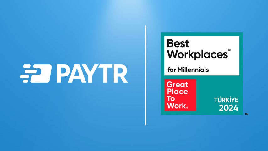 Mavi renkli spotlu fonda PayTR ve Great Place To Work® Türkiye Best Workplaces for Millennials™ 2024 Logoları yanyana